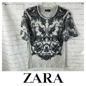 Zara Man Grey Flower Floral Graphic  T-Shirt